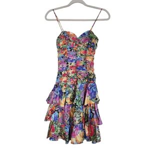 Vtg Avon Fashions Vibrant Floral Tiered Mini Dress 1980s